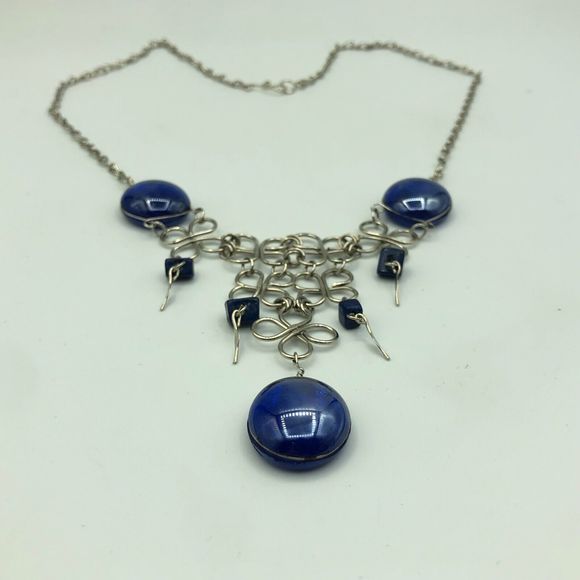 VINTAGE Silver Tone & Blue Floral Bib Necklace Retro Statement Pretty Festival - Picture 5 of 15